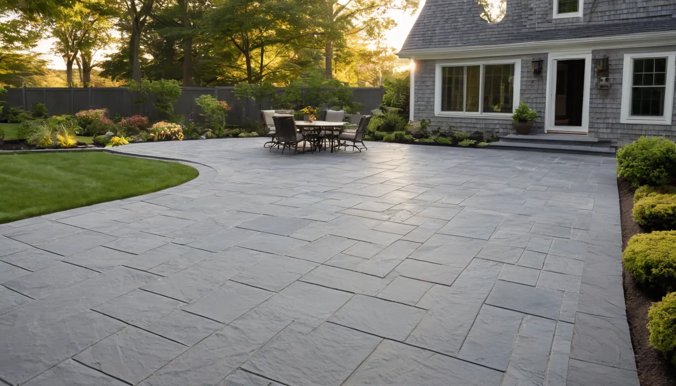 Stamped concrete patio with a slate pattern behind a home in Agawam Town and the Agawam Town area